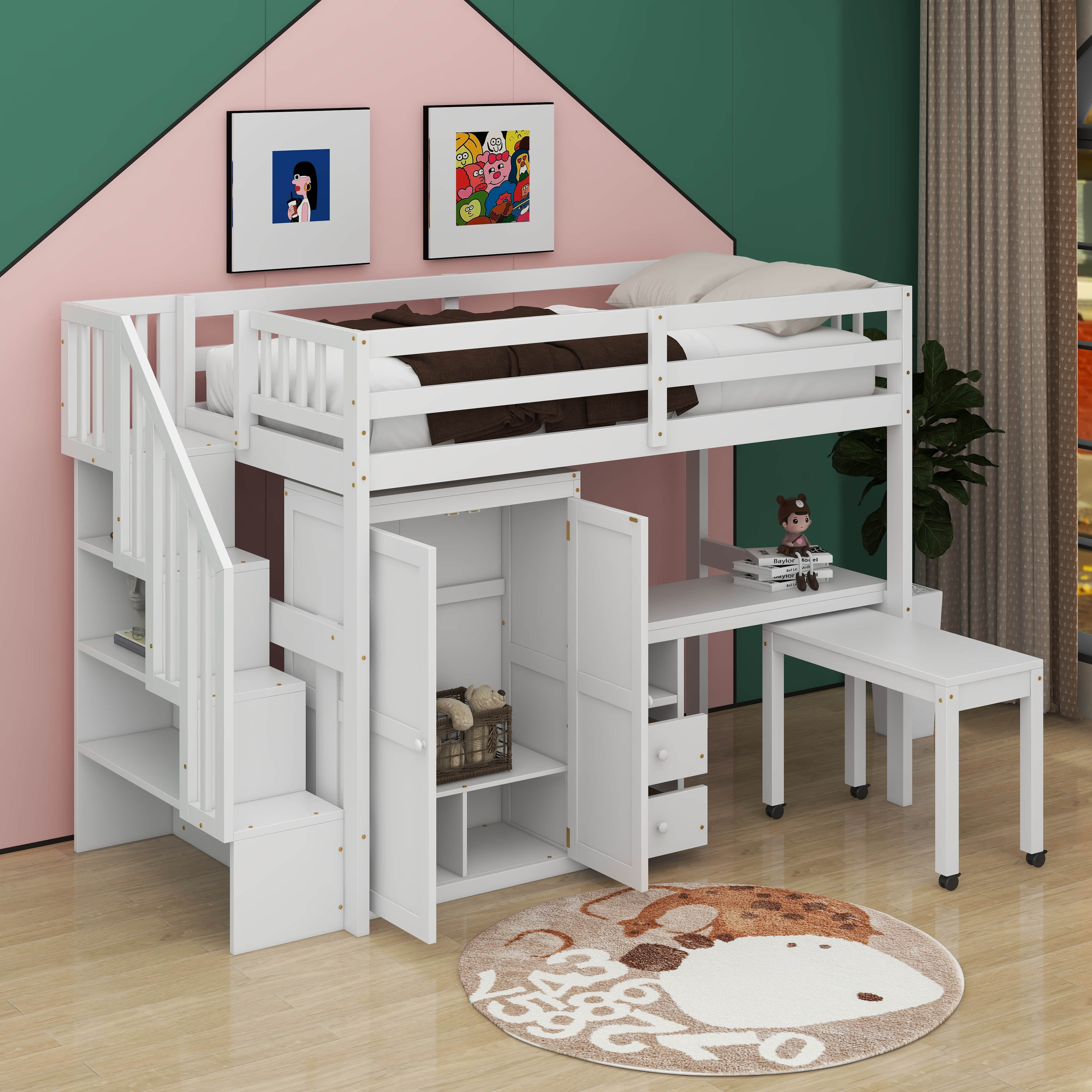 Harriet Bee Twin Loft Bed With Stairs, Drawers, Desk And Wardrobe ...