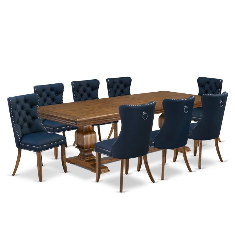 Ensemble de table de salle à manger 9 pièces comprenant une table rectangulaire et 8 chaises de salle à manger en similicuir bleu marine, noyer antique