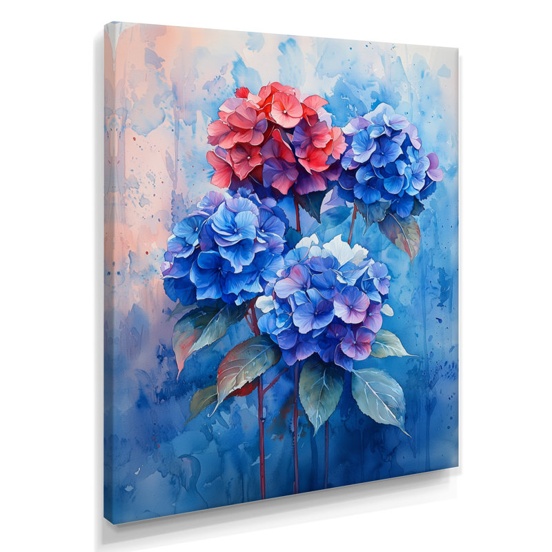 Hortensia bleu et rouge dans un style graffiti Hydrangea II - hydrangea, art mural encadré, H 44 po x l 34 po, Toile tendue
