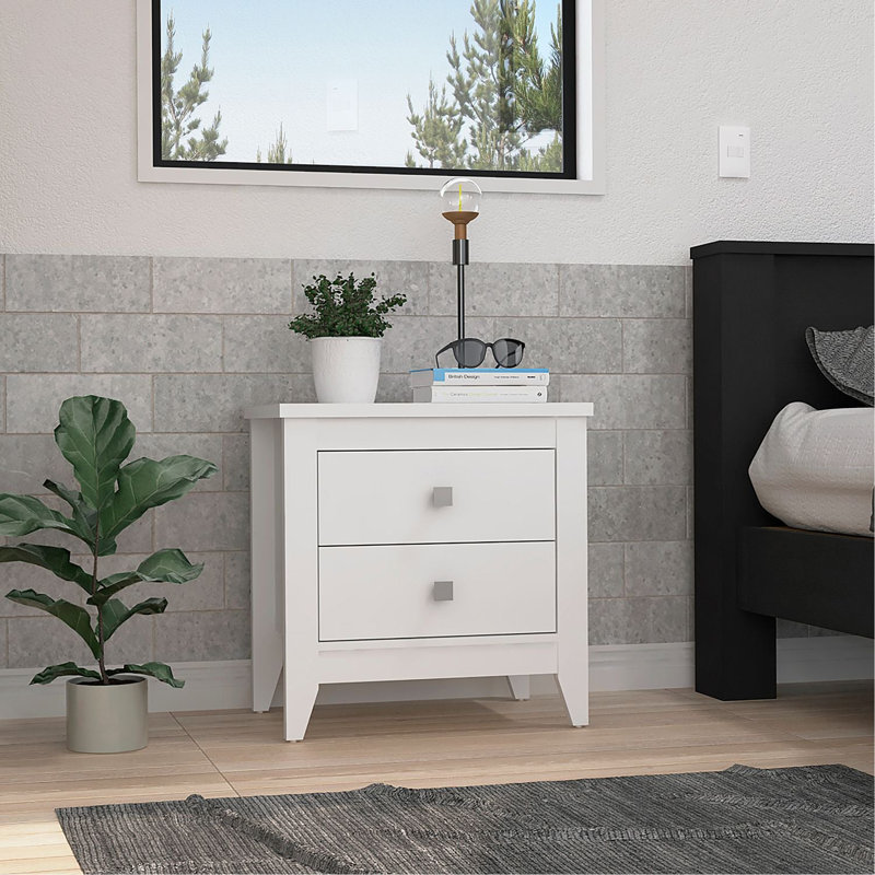 Table de chevet H 24 po, deux tiroirs, quatre pieds, plateau, blanc, Blanc