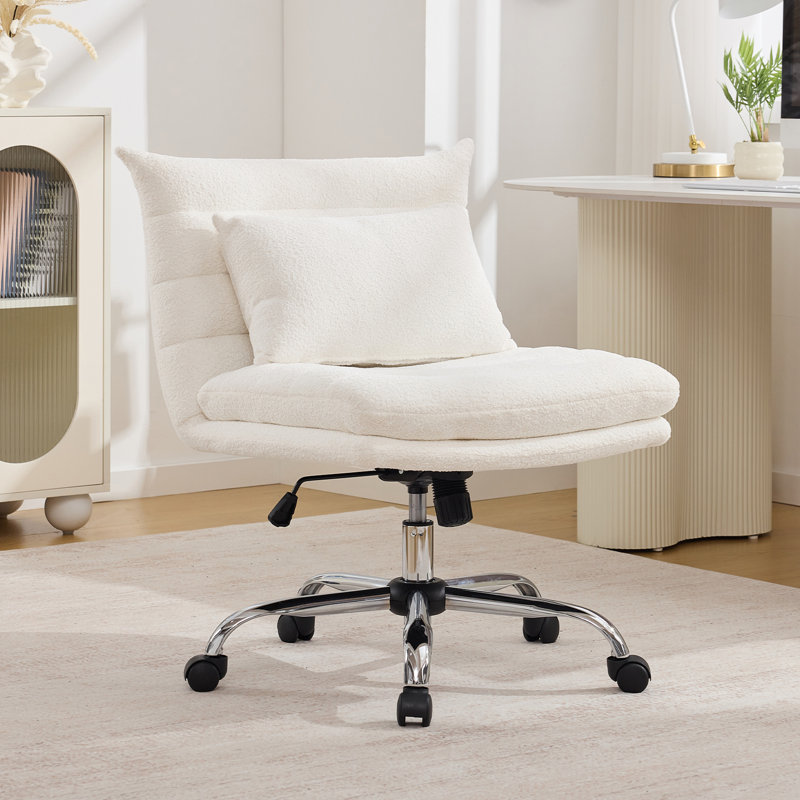 Armless Office Chair Soft Chenille Fabric Adjustable Height With Bonus Pillow And Wheels, White