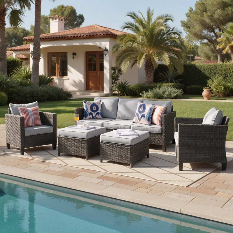 Amerissa Rattan Sectional Seating Group with Cushions, Light Gray