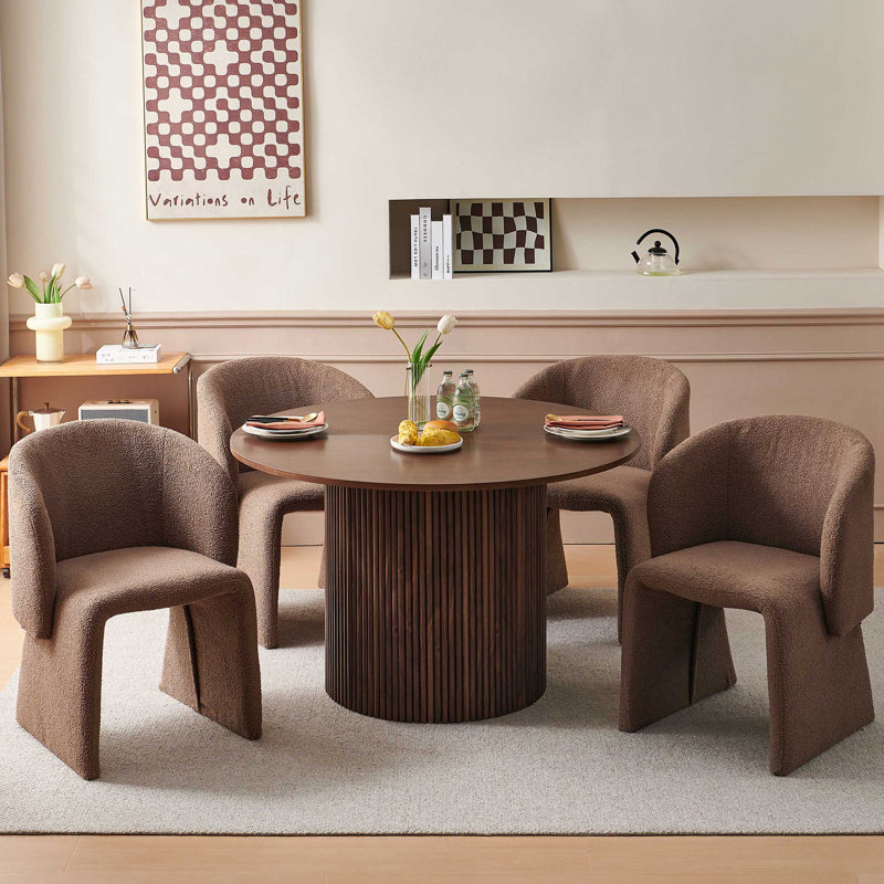5-Piece Dining Table Set, Wood Top, Faux Fur Armchairs, Walnut, Walnut, Brown