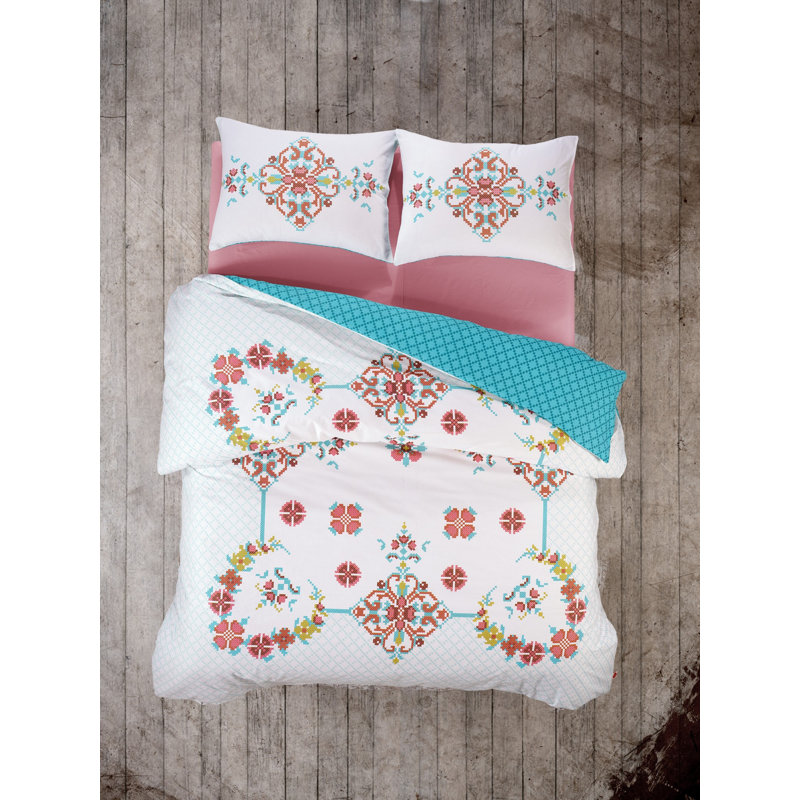 Ensemble de housse de couette 100% coton rose / bleu / vert 3 pièces Gülcehre