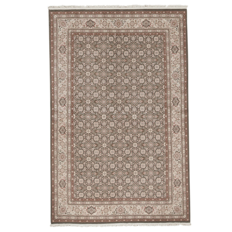 Tapis unique vert olive / beige / brun noué à la main de haute qualité