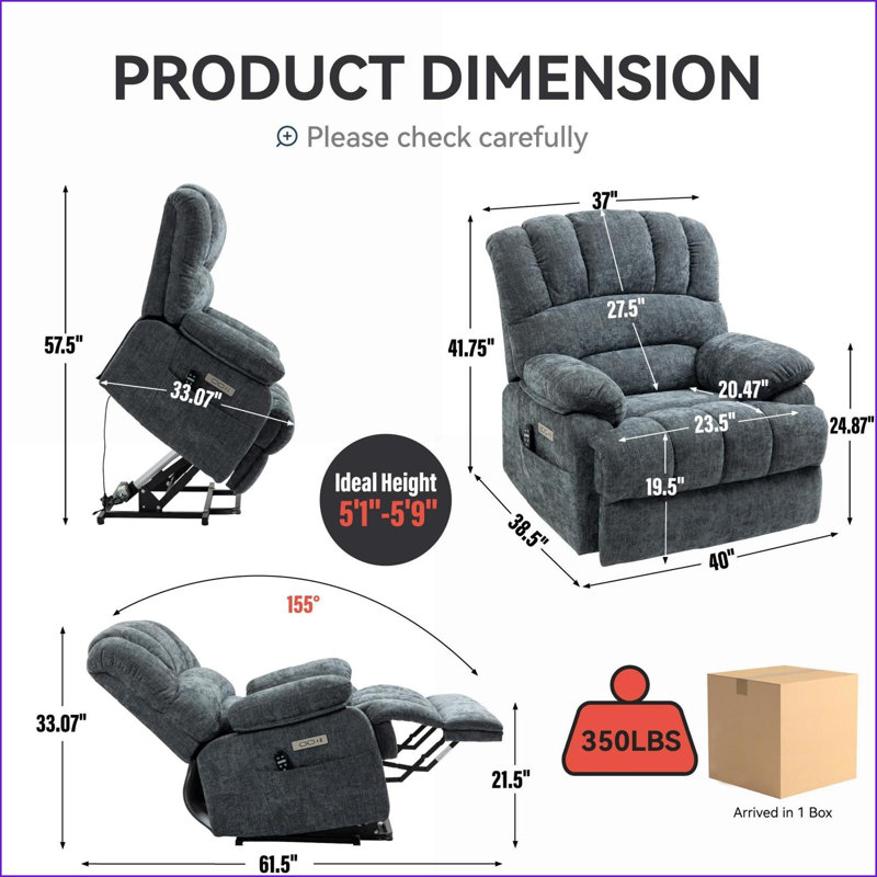 Recliners, Power Lift with 8-Point Massage &amp; Lumbar Heat, Oversized | Blue-Gray Chenille, Gray