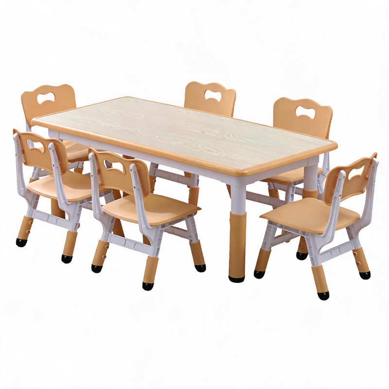 Ensemble de table pour enfant et 6 chaises réglables - pieds antidérapants, surface résistante aux graffiti, multi-activités - pour salle d'étude, garderie, maison, 2 à 10 ans - plastique durable - couleur bois