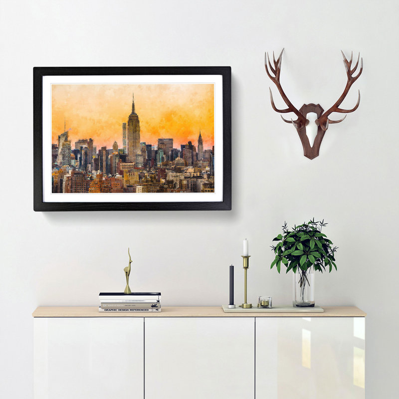 Yellow New York Skyline - Picture Frame Painting Print, Black Framed, 40cm H x 60cm W x 2cm D