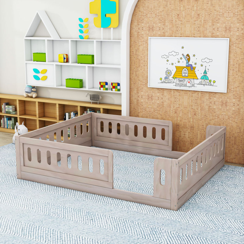 Full Wood Platform Bed With Guardrail, Natural