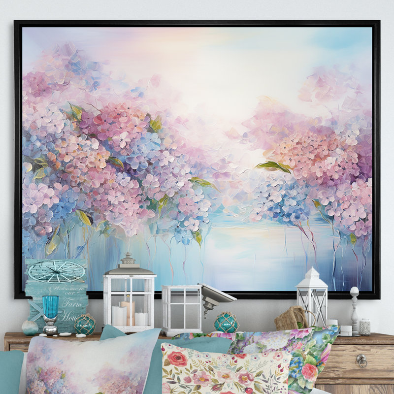 Hortensia bleue et rose Solitude dans la nature - décoration murale champ de fleurs, Cadre flottant noir