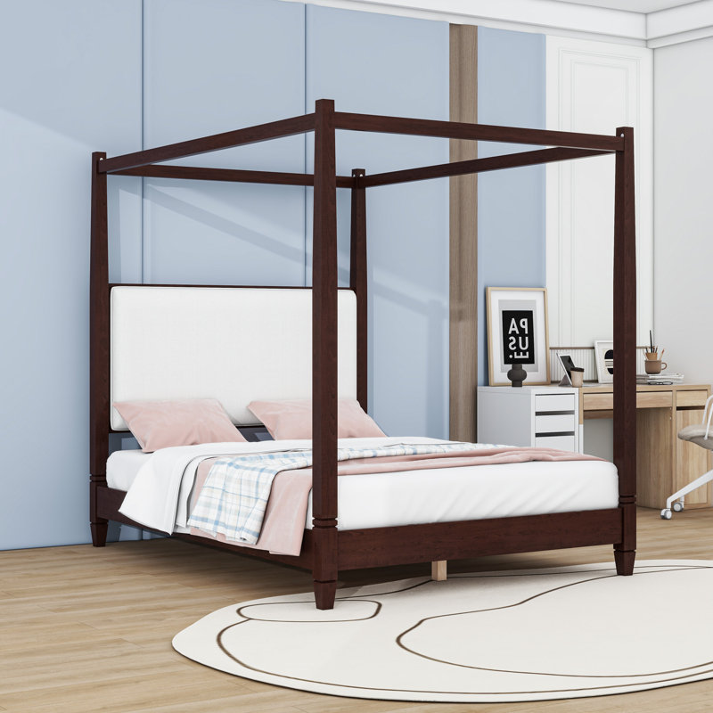 Lit plateforme à baldaquin en bois avec tête de lit tapissier, Grand lit, Espresso