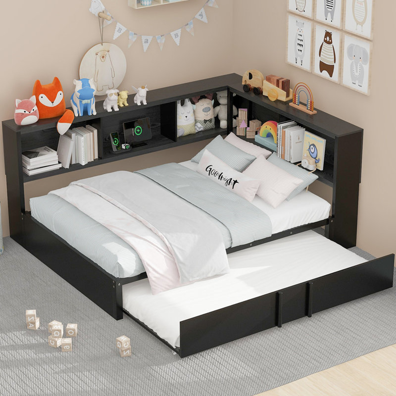 Lit de jour en métal avec lit gigogne, armoires de rangement et ports USB, Noir
