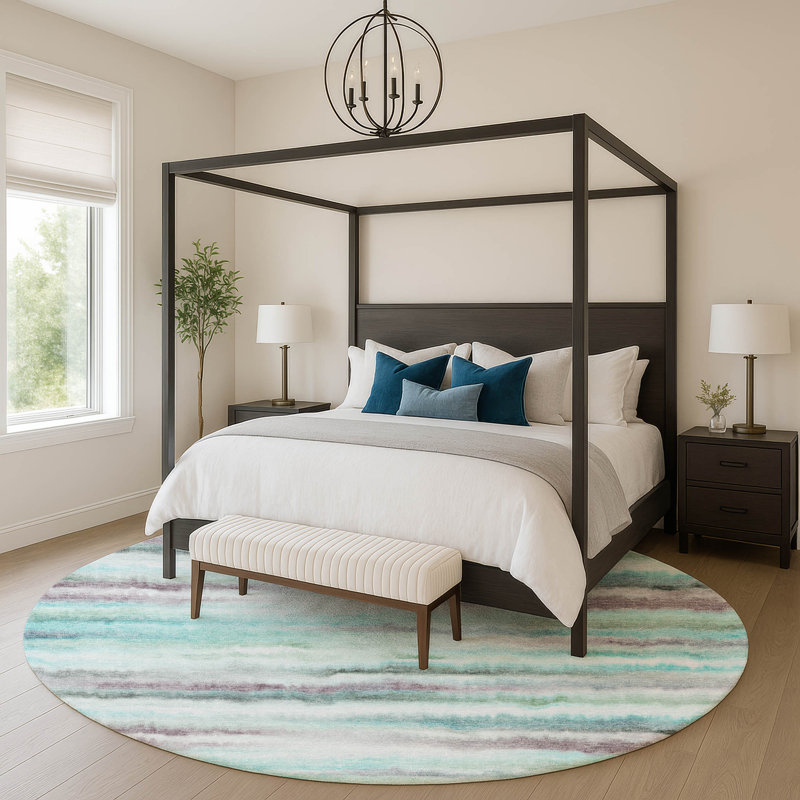 Premium Machine Washable Mayfield AMF2098 Striped Rug, 8' Round, Teal