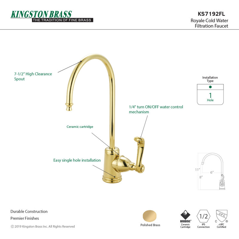 Kingston Brass Royale Single-Handle 1-Hole Deck Mount Water Filtration Faucet, Polished Brass