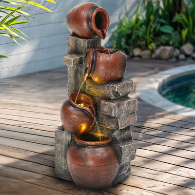 31.5"H Hand Crafted Weather Resistant Floor Fountain with  with Pot and Lights