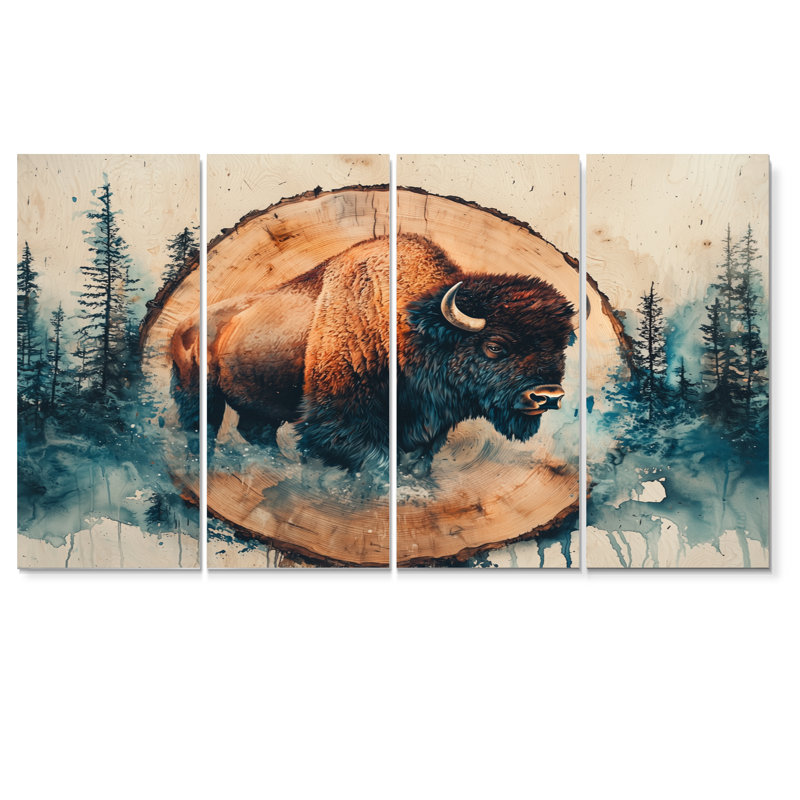 Bison dans une glissoire en bois, paysage de forêt - art mural animal Buffalo - ensemble d'art mural moderne