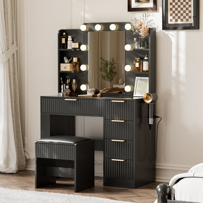 37" Fluted Makeup Vanity Desk With LED Lighted Mirror & Charging Station, Large Modern Dressing Table With 5 Drawers, Adjustable Shelves, Glass Tabletop For Bedroom