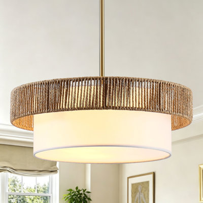 3-Light 15.47"W Brass Boho Hand-Woven Rattan Pendant Light Farmhouse Drum Chandelier For Kitchen,Dining Room