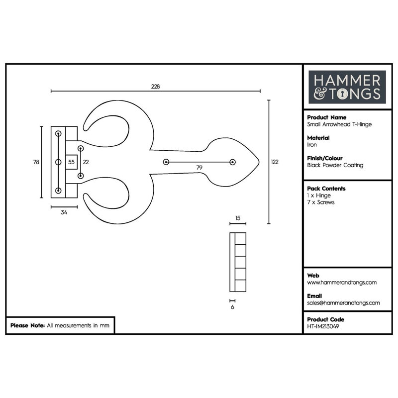 Hammer & Tongs - Arrowhead T-Hinge - W230mm - Black