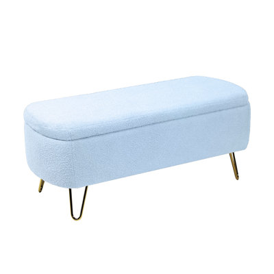 Blue Storage Bench With Gold Legs - Grey Faux Fur For A Stylish And Luxurious Home Living Functional