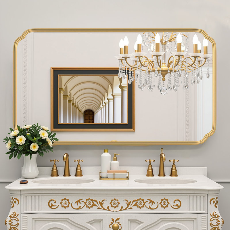 Miroir de salle de bain mural en verre trempé à haute résistance Marleth, Or, 48 po x 36 po