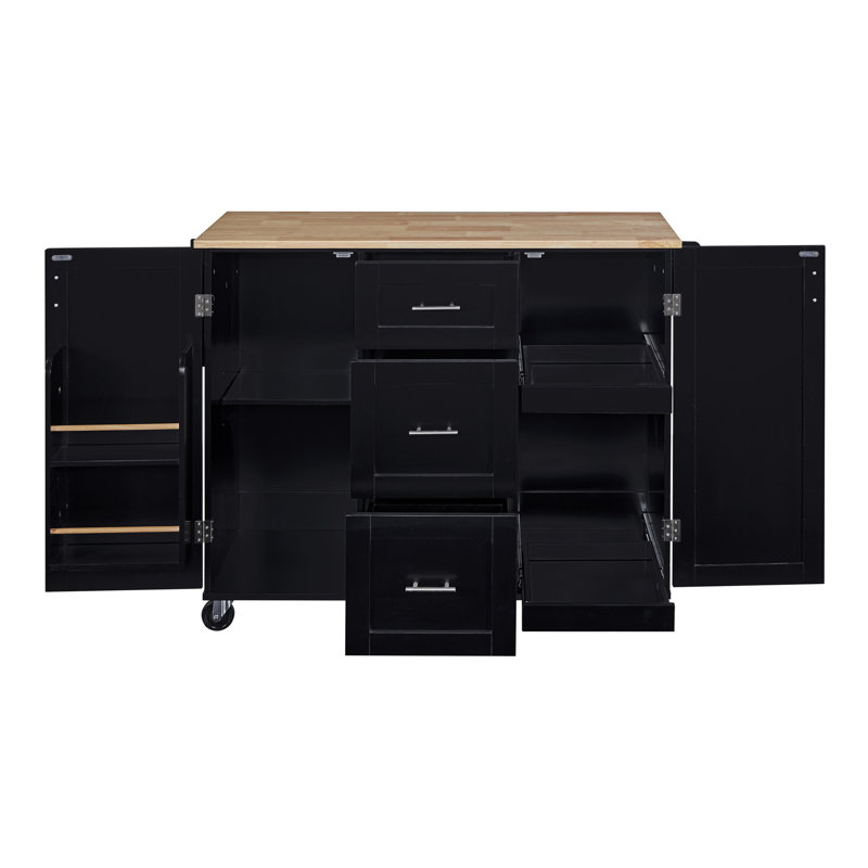 Îlot de cuisine roulant avec rangement, chariot de cuisine avec plateau en bois d'hévéa, 3 tiroirs, 2 tablettes coulissantes et support de rangement interne, îlot de cuisine sur roulettes avec support à épices et support à tour