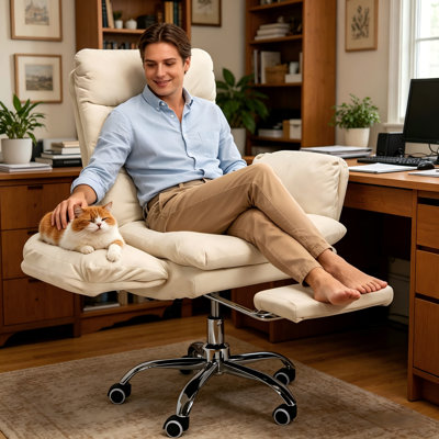 Big & Tall Ergonomic Office Chair with Footrest, 180° Reclining Computer Desk Chair with Flip-Up Armrests for Cross-Leg Sitting & Pets