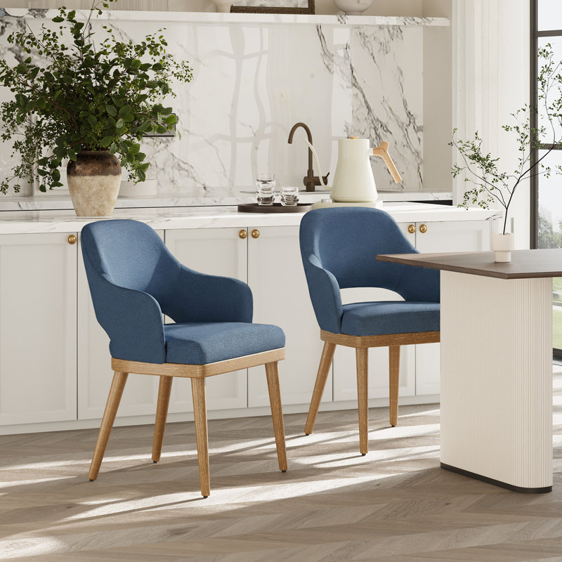 Chaise de salle à manger rembourrée moderne avec pieds en bois, Bleu, Bois naturel