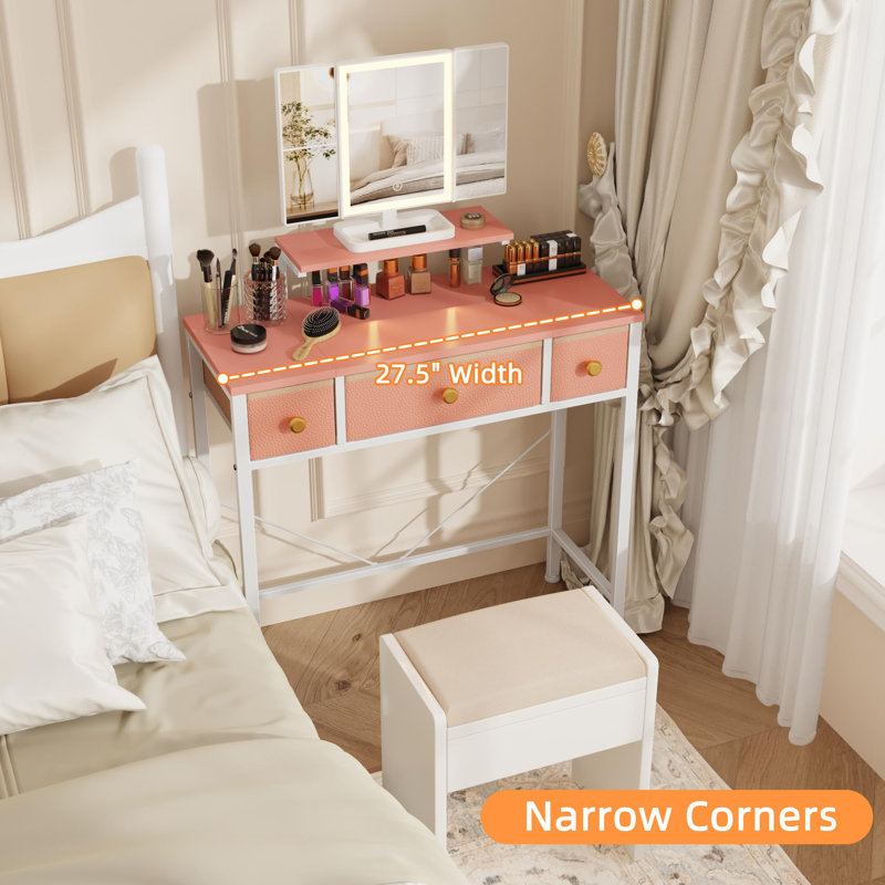 Small Makeup Vanity Desk with 3 Fabric Drawers, Vanity Table 11.8" D x 27.5" W with Mirror and Lights and Height-Adjustable Stand, Vanity for Gifts, Bedroom and Small Spaces