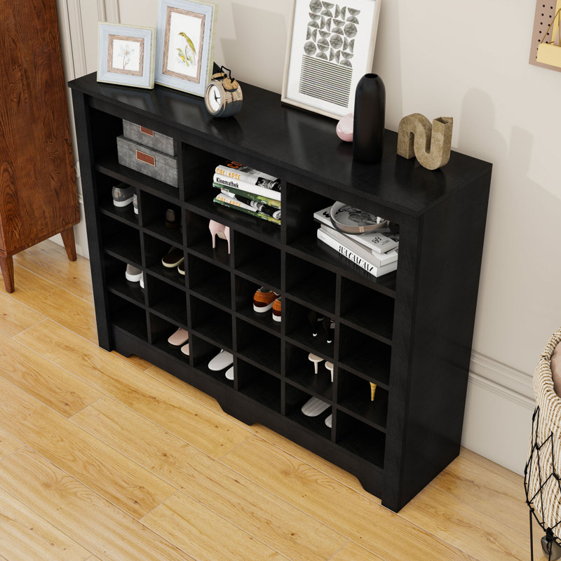 Contemporary Wood 24-Cubby Shoe Cabinet with Curved Base for Hallway or Living Room, Black