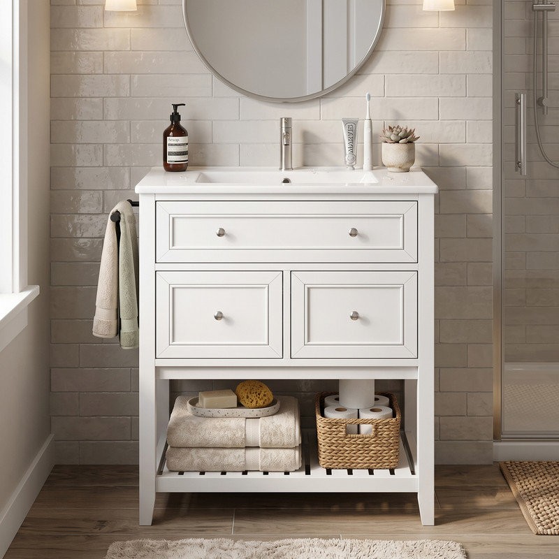 Ensemble de meuble-lavabo simple 30 po avec plateau en céramique et tablette ouverte, Blanc