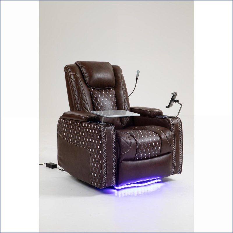 Fauteuils inclinables avec inclinaison zéro gravité, rangement multifonctionnel et amp; Porte-gobelet | Table d'ordinateur portable, lumière DEL | Cuir noyer brun