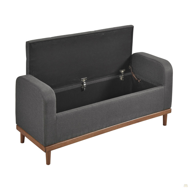 Mid-Century Modern Lift Top Storage Bench 1Pc Tufted Dark Gray Upholstered Solid Wood Walnut Finish Wooden Furniture