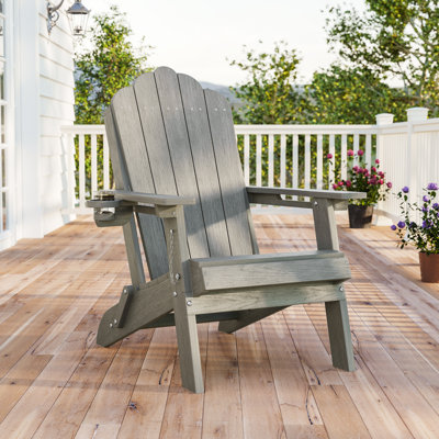 Weather Resistant HDPE Folding Adirondack Chair with Cup Holder, Easy Assemble Outdoor Adirondack Chair for Patio, Yard and Pool