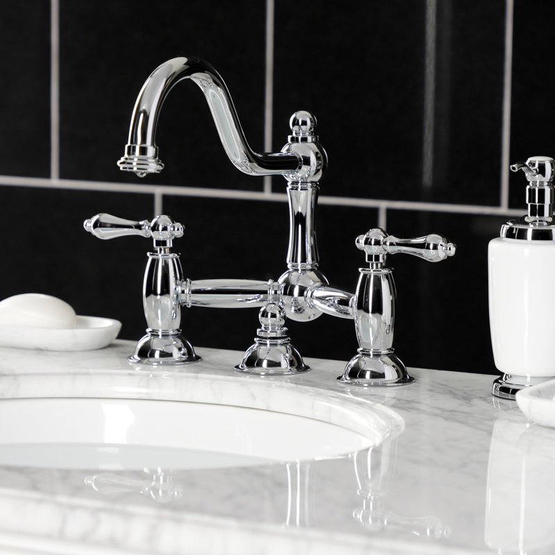 Kingston Brass Restoration Two-Handle 3-Hole Deck Mount Bridge Bathroom Faucet with Brass Pop-Up, Polished Chrome