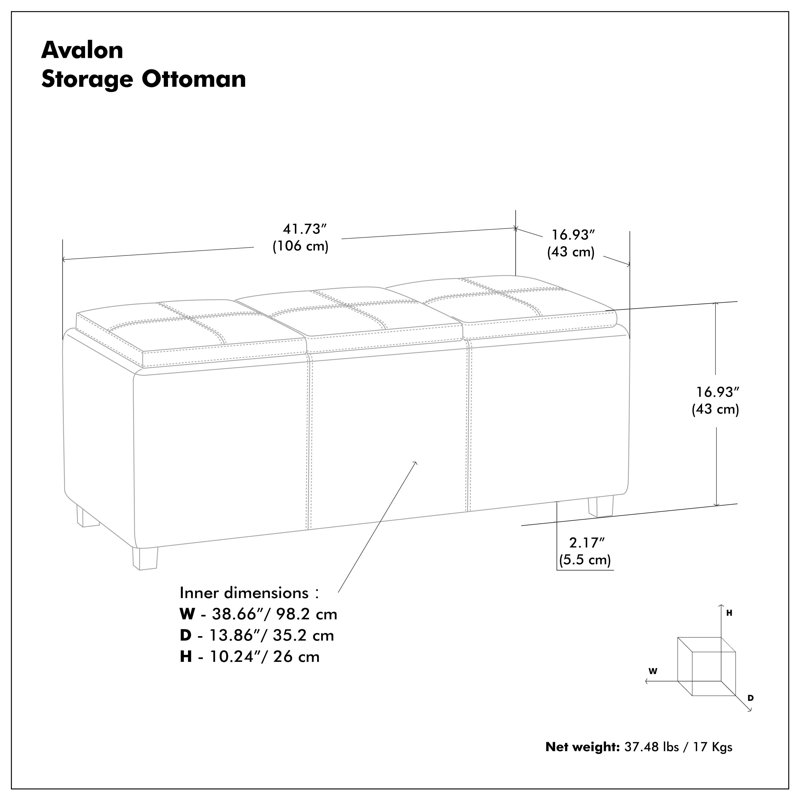 Repose-pieds de rangement rectangulaire avec rangement caché Avalon l 42 po Avalon, Similicuir gris patiné taupe vieilli