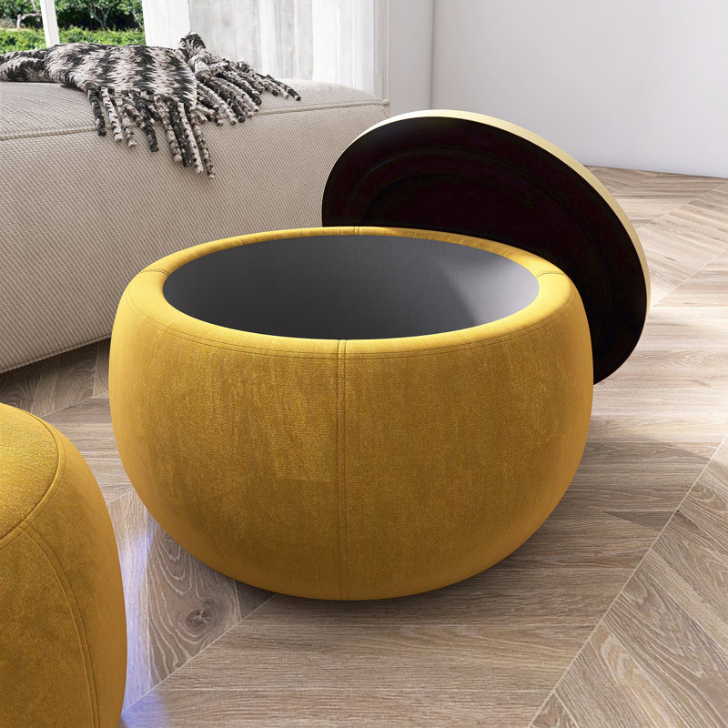 Table de bout ronde avec petit siège de rangement, Naturel, Jaune foncé