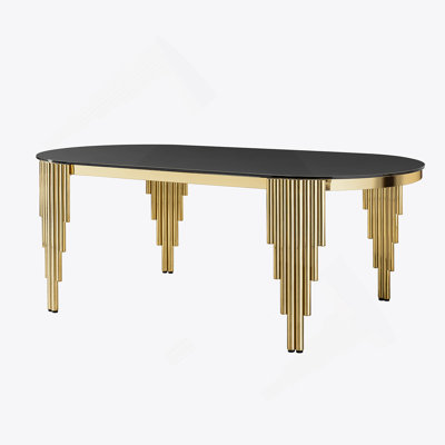 Table de salle à manger 79,53 "à dessus ovale en verre noir avec base en acier inoxydable doré pour 8 sièges