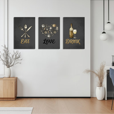 Ensemble de 3 tableaux sur toile « Eat Love Drink » pour la décoration de la cuisine et de la salle à manger