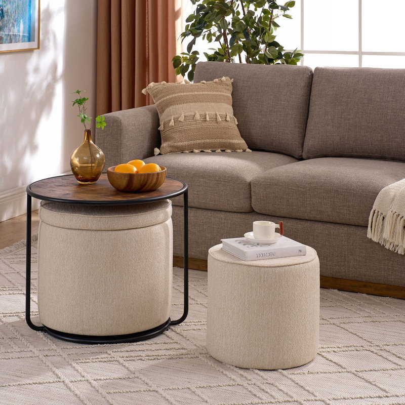 Ensemble de table de repose-pieds multifonctionnel avec tabouret tambour et espace de rangement, Beige