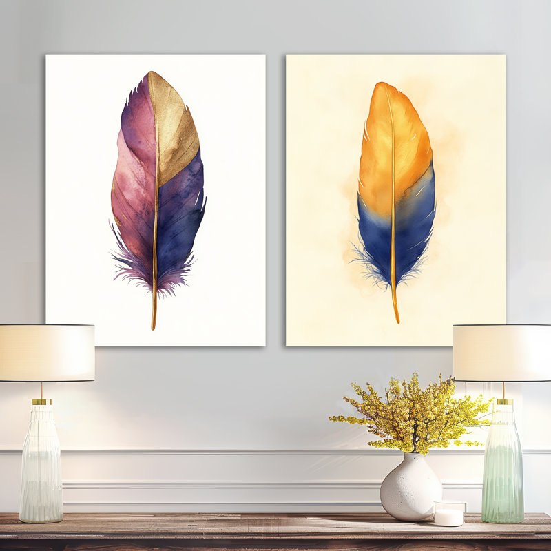 Plume de luxe avec embouts dorés - ensemble de 2 impressions murales en métal Glam, 32" H x 48" W