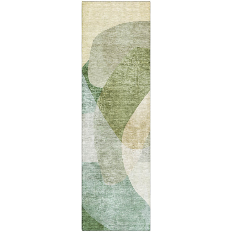 Premium Machine Washable Mayfield AMF2057 Abstract Rug, 2'3" x 7'6" Runner, Aloe