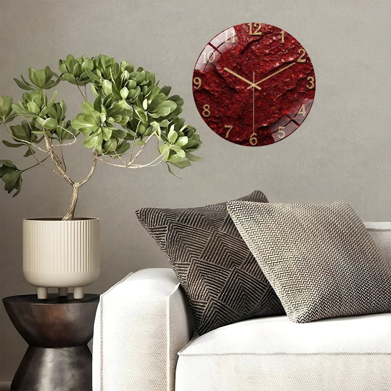 Gold Numbers Red Textured Clock Face Art - 12'' Modern Glass Wall Clock
