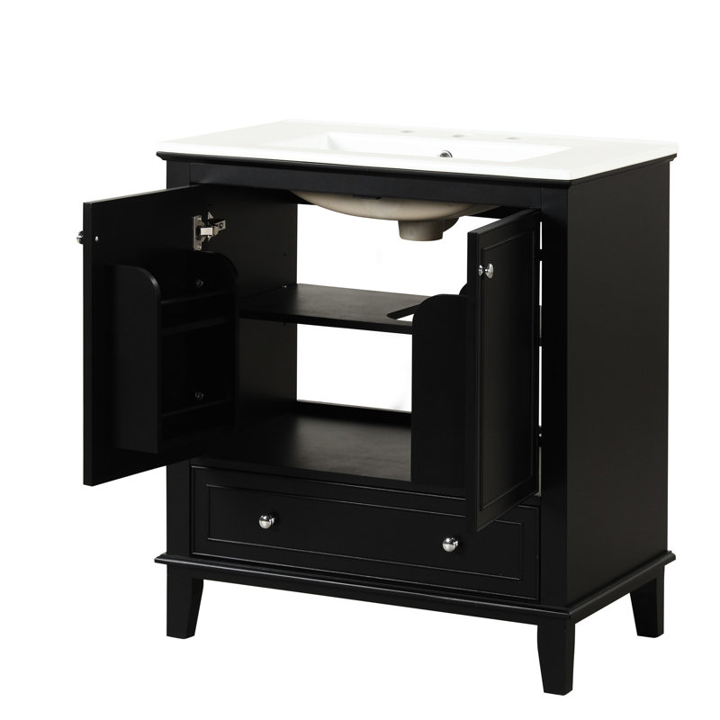 Meuble-lavabo moderne noir avec lavabo - bois massif et portes d'armoire fonctionnelles de 30 po, tablette réglable avec tiroir Grace