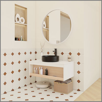 Meuble-lavabo suspendu de 76 cm avec lavabo rond noir mat, meuble-lavabo mural avec Ã©tagÃ¨re ouverte, finition blanche et comptoir rÃ©sistant, design moderne et peu encombrant (livrÃ© en 2 boÃ®tes)