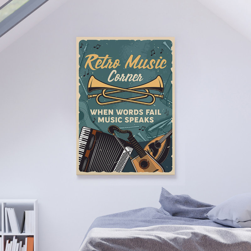 Music Instruments - Retro Music Corner - Reproduction d'art graphique sur toile tendue 1 pièce, H 14 po x l 11 po x P 2 po