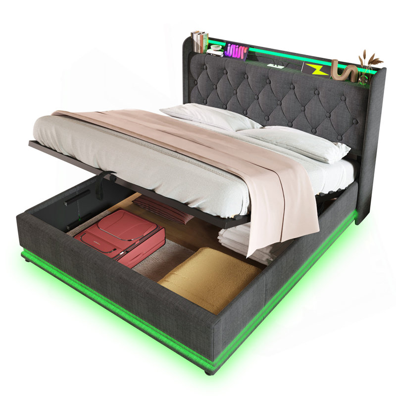 Lit rembourré à DEL innovant avec rangement hydraulique et ports de charge, offrant une expérience de sommeil luxueuse et fonctionnelle.