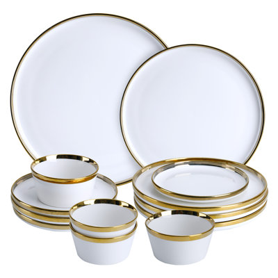 Premium Dinnerware Set 12-Piece With Gold Rim, Service For 4,White Bone China Porcelain Plates & Bowls, Chip Resistant, Microwave And Dishwasher Safe For Fine Dining Set