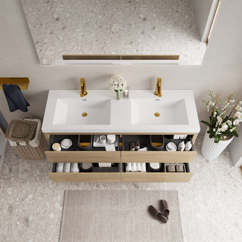 Armoire de rangement flottante pour salle de bain avec double lavabo mural de 60 po, comptoir en résine de pierre, tiroirs à fermeture en douceur, meuble-lavabo en chêne naturel entièrement assemblé