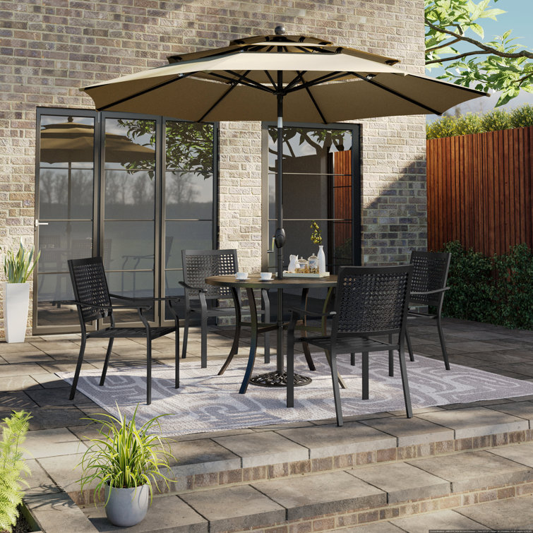 Alyah 5-piece Steel Patio Outdoor Dining Set With Umbrella,metal Stackable Chairs, 42'' Round Table